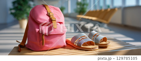 Pink backpack and striped sandals on wooden bench in bright boarding lounge with summer light and blurred seats 129785105