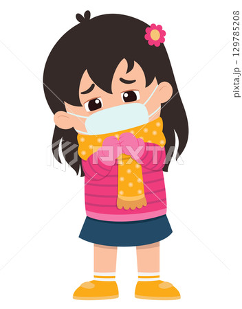 sad kid girl get flue and cold of illustration sad kid girl get flue and cold of illustration 129785208
