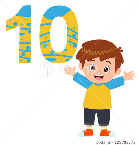 happy cute little kid studies number ten of illustration 129785378
