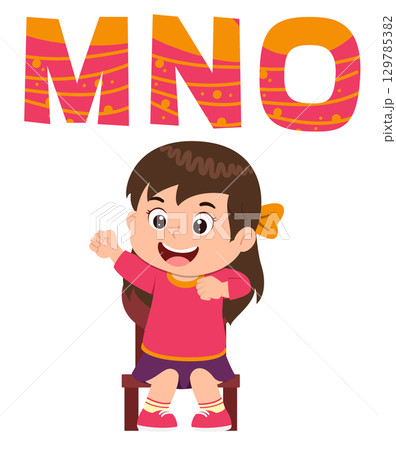 happy cute little kid studies alphabet letter M N O of illustration 129785382