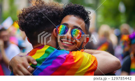 Two men embracing joyfully during pride month celebration, showcasing love and support 129785442