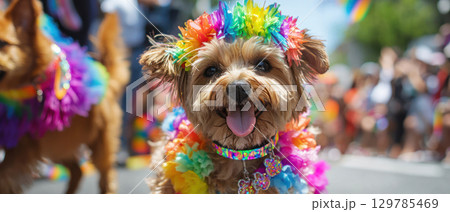 Adorable animals in rainbow accessories celebrate community fun at pet parade Adorable animals in rainbow accessories celebrate community fun at pet parade 129785469