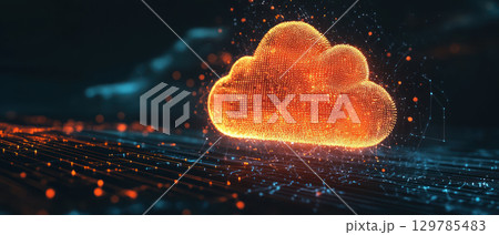Glowing cloud server with data points on dark background, representing global network connectivity and technology 129785483
