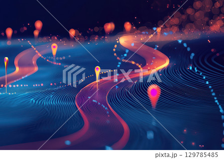 Digital wave trails create abstract marathon course, symbolizing path to success 129785485