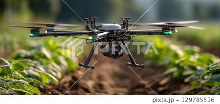 Multi rotor drone equipped with advanced sensors flying low over green crop field bright natural light showing precision 129785516