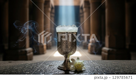 Ancient chalice with sandalwood sharbat in a mystical temple illuminated by a divine light 129785671