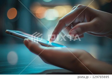 スマートフォンの画面に触れる指先 129785695