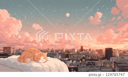 Kawaii orange cat peacefully sleeps on rooftop under starry sky with pink clouds and glowing moon creating calm cityscape at dusk 129785747
