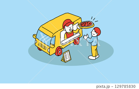 キッチンカー　フードトラックからピザを買う人 129785830