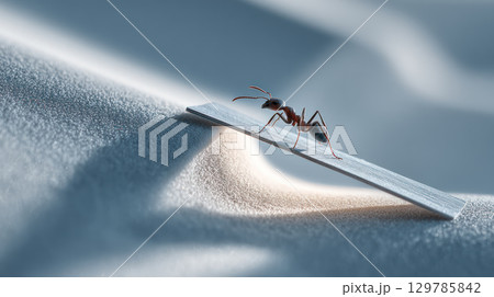Ant inspired sustainable business concept showing ant on metal ruler symbolizing teamwork in ecosystem with natural light and shadow Ant inspired sustainable business concept showing ant on metal ruler symbolizing teamwork in ecosystem with natural light and shadow 129785842