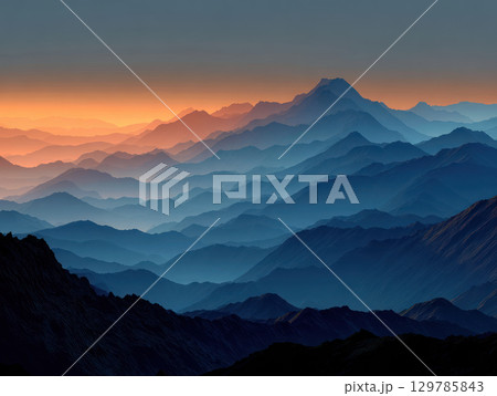 Layered mountain silhouettes sunset with warm orange sky and cool blue tones creating peaceful Layered mountain silhouettes sunset with warm orange sky and cool blue tones creating peaceful 129785843