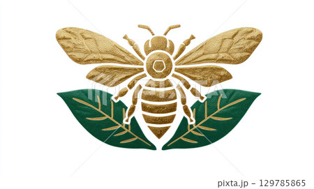 Golden bee with green leaves symbolizing business and sustainability in nature and environment 129785865