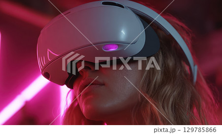 Technology business virtual reality headset woman digital innovation futuristic entertainment device woman uses virtual reality headset showcasing 129785866