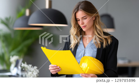 Businesswoman looking through building permit file in minimalist workspace with yellow helmet and focused expression Businesswoman looking through building permit file in minimalist workspace with yellow helmet and focused expression 129785896