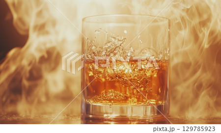 Glass of whisky splashes with ice in warm golden light creating cozy world perfect for relaxing day with rich amber tones 129785923