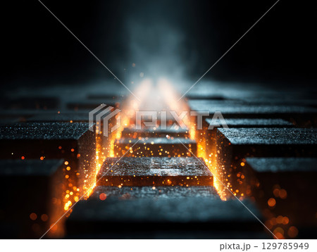 Glowing firewall sparks illuminate dark stone blocks creating dramatic and intense atmosphere with fiery embers and smoke 129785949