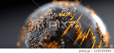 Digital globe with orange data points showing inflation trends and economic fluctuations in futuristic style 129785994