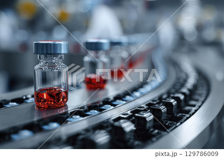 Vial liquid production manufacturing conveyor pharmaceutical medicine factory glass red bottle container close up equipment industry sterile 129786009