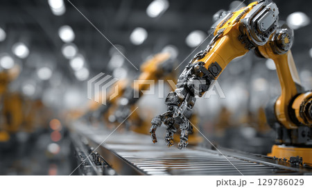 Automation and robotics are transforming manufacturing with advanced robotic arms working precisely on assembly lines in modern factories 129786029