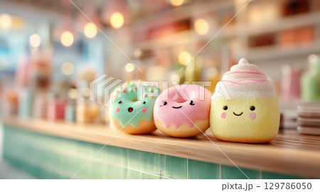 Kawaii cute dessert with smiling faces on colorful donut and whipped cream on wooden counter in cozy cafe 129786050