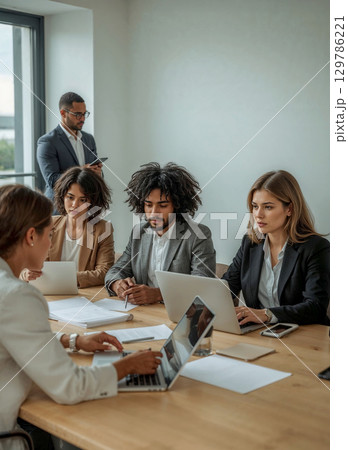 Diverse and inclusive business team in a strategy meeting. Young multicultural professionals brainstorming and collaborating on a new project in a modern startup office environment. 129786221