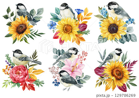 Chickadee Birds with Sunflowers, Roses and Wildflowers, Watercolor Botanical Autumn Garden Illustration, Floral Nature Art 129786269