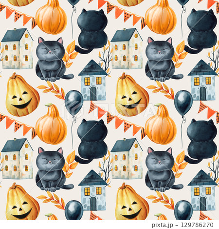 Watercolor autumn seamless pattern with black cats pumpkins haunted houses balloons and bunting on white festive background 129786270