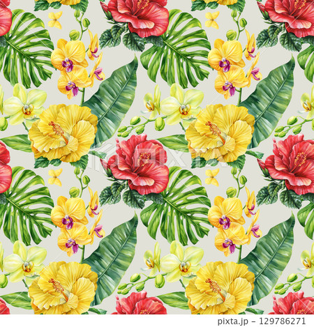 Yellow orchids and hibiscus flowers with monstera and palm leaves watercolor tropical seamless floral botanical pattern 129786271