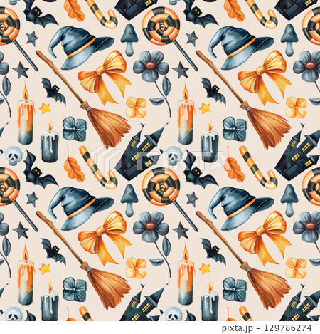 Watercolor holiday pattern with witch hat broom bow bats lollipops candles and flowers on white festive background 129786274