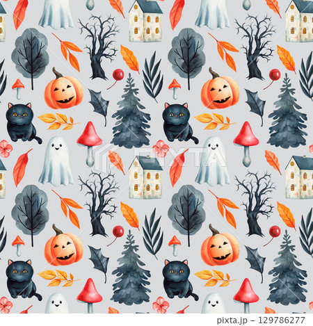 Watercolor pattern with ghost black cat pumpkin haunted tree houses mushrooms and autumn leaves on white for textile, wallpaper 129786277