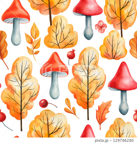 Watercolor autumn forest pattern with red mushrooms yellow leaves and berries on white background for seasonal design 129786280