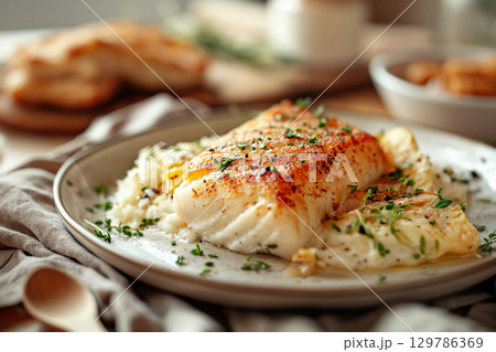 Grilled fish fillet served on a plate with rice and garnished with fresh herbs and spices Grilled fish fillet served on a plate with rice and garnished with fresh herbs and spices 129786369