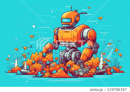Robot diver cleans vibrant coral reef, showcasing marine life and environmental conservation concept 129786387