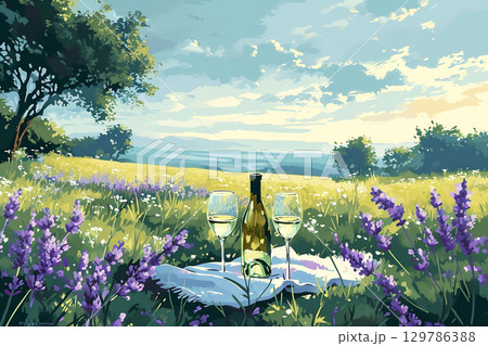 Scenic picnic setup with wine glasses and bottle surrounded by blooming lavender fields 129786388