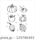 Hand-Drawn Vegetables Sketch Set of Pumpkin, Tomato and Onion 129786493