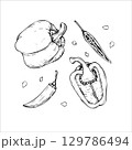 Set of Peppers Bell, Chili and Pod. Hand-Drawn Sketch 129786494