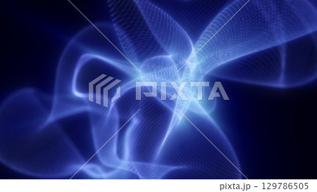Soft blue glowing abstract mesh gently curves in dark space, forming a fluid, high-tech visualization of digital energy 129786505