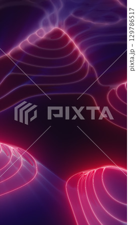 Smooth, neon pink and purple glowing ridges forming undulating 3D terrain over a dark abstract surface 129786517