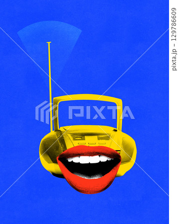 Contemporary collage. Red lips on yellow radio with antenna broadcasting on blue background Contemporary collage. Red lips on yellow radio with antenna broadcasting on blue background 129786609