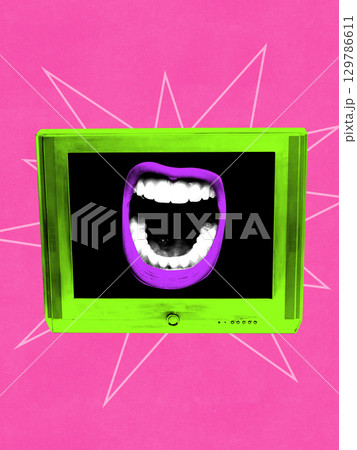 Surreal collage art. Vibrant lips shouting from green television screen on pink background Surreal collage art. Vibrant lips shouting from green television screen on pink background 129786611