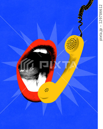 Trendy composition. Red lips shouting into yellow retro phone on blue background Trendy composition. Red lips shouting into yellow retro phone on blue background 129786612