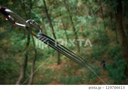 Climbing ropes are set in the green forest. Woman are far on the ground 129786613