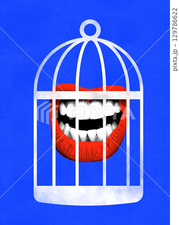 Contemporary collage. Red lips trapped in birdcage on blue background 129786622