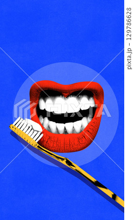 Graphic composition. Red lips with toothbrush symbolizing dental hygiene and oral care awareness 129786628