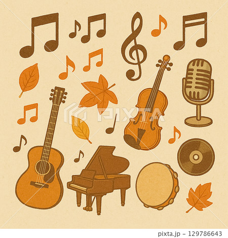 秋色音楽アイコンと楽器セット 129786643
