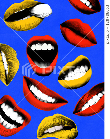Digital artwork. Multicolored lips on blue background symbolizing passion, style and provocative energy Digital artwork. Multicolored lips on blue background symbolizing passion, style and provocative energy 129786653