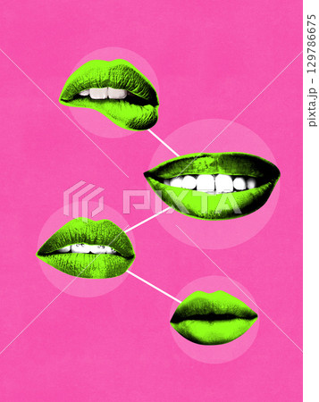 Neon collage of green lips collage on pink background symbolizing expression and beauty communication 129786675