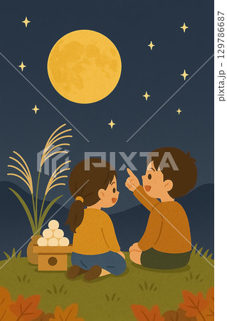 月を眺める子どもたちのお月見風景 129786687
