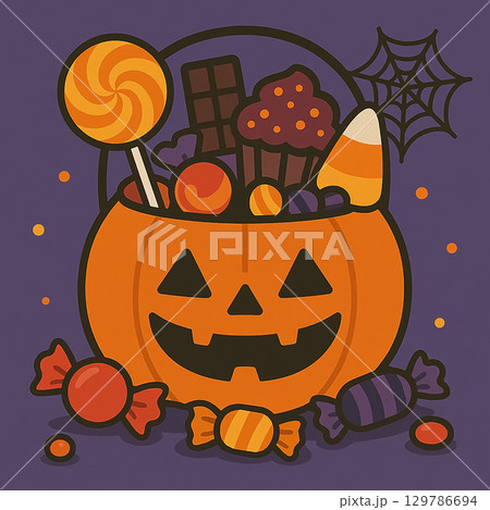 お菓子たっぷりジャックオランタンバスケット お菓子たっぷりジャックオランタンバスケット 129786694