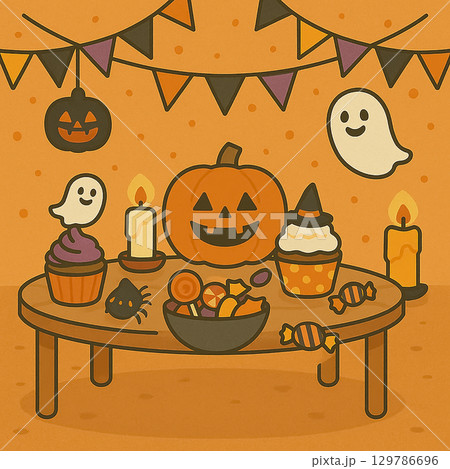 ハロウィンパーティーとお菓子のテーブル ハロウィンパーティーとお菓子のテーブル 129786696